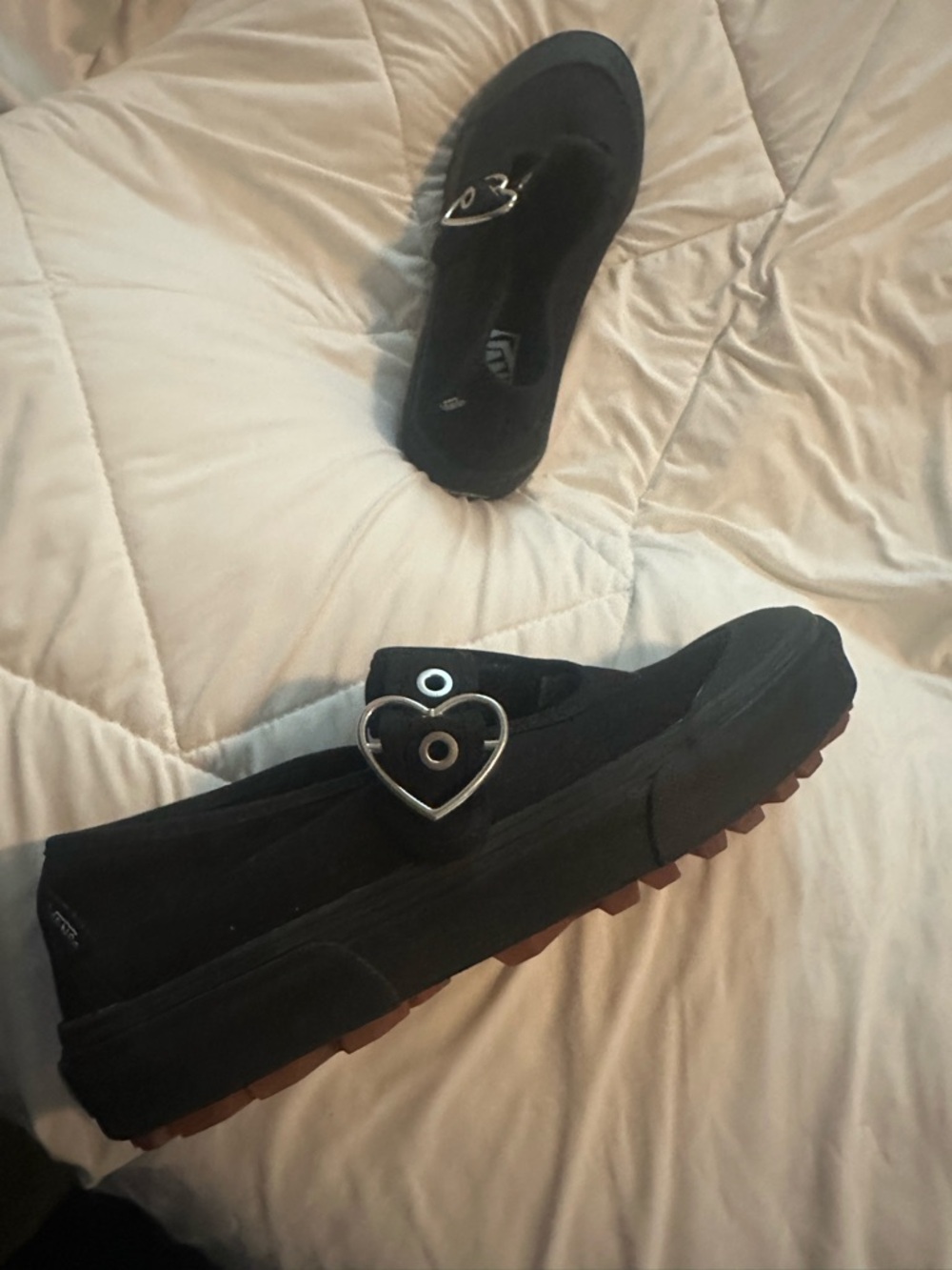 Vans Black Slip-On Flats with Heart Buckle Accent